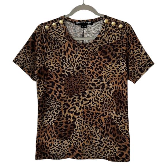 Veronica Beard Carla Leopard Print Crewneck Tee With Button Detail Pima Cotton M - Picture 4 of 10